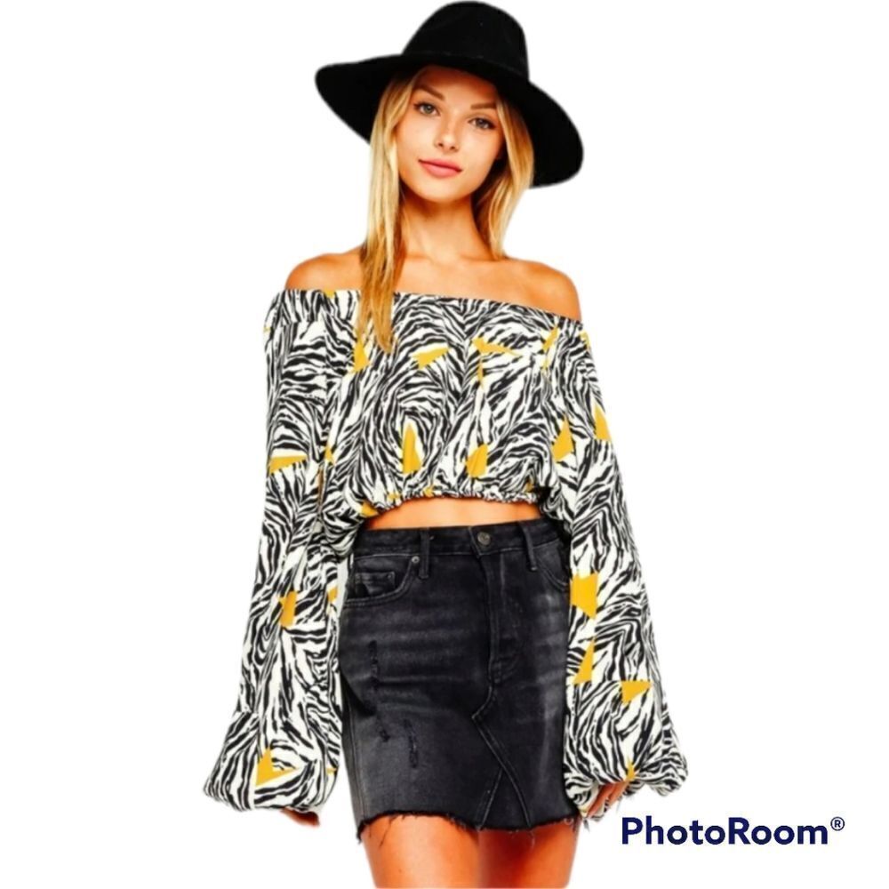 Olivaceous small black white gold safari off shoulder tied open back top